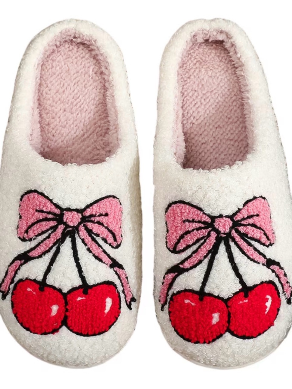 Women's Cream Plush Slippers with Pink Bow & Red Cherry Accent